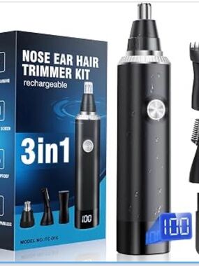 Rechargeable Nose & Ear Hair Trimmer - Black - 3-in-1 Grooming Kit